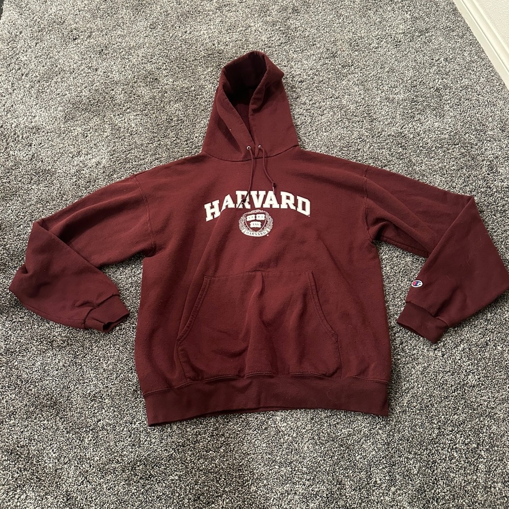 Champion Hoodie Sweater Mens‎ L Red Harvard University Crest Pullover Sweatshirt